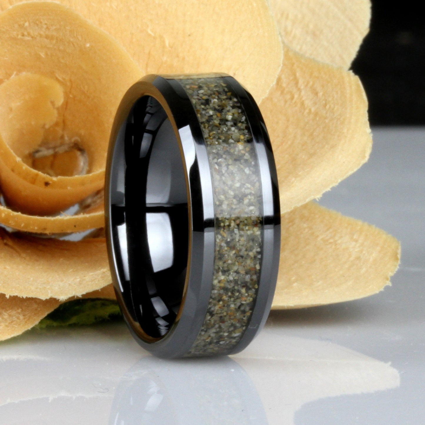 His Or Hers Your Sand Inlay Black Ceramic Wedding Band, 8mm/6mm Engagement Ring With Your Own Beach Sand, Honeymoon Gift, Anniversary Gift