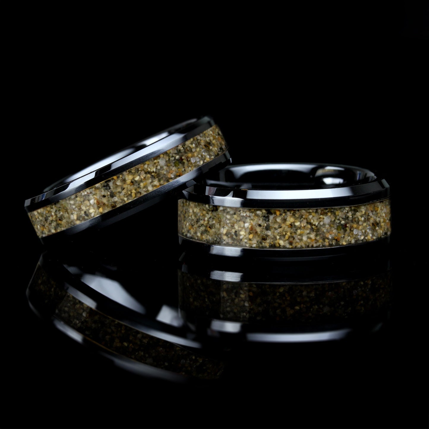 His Or Hers Your Sand Inlay Black Ceramic Wedding Band, 8mm/6mm Engagement Ring With Your Own Beach Sand, Honeymoon Gift, Anniversary Gift