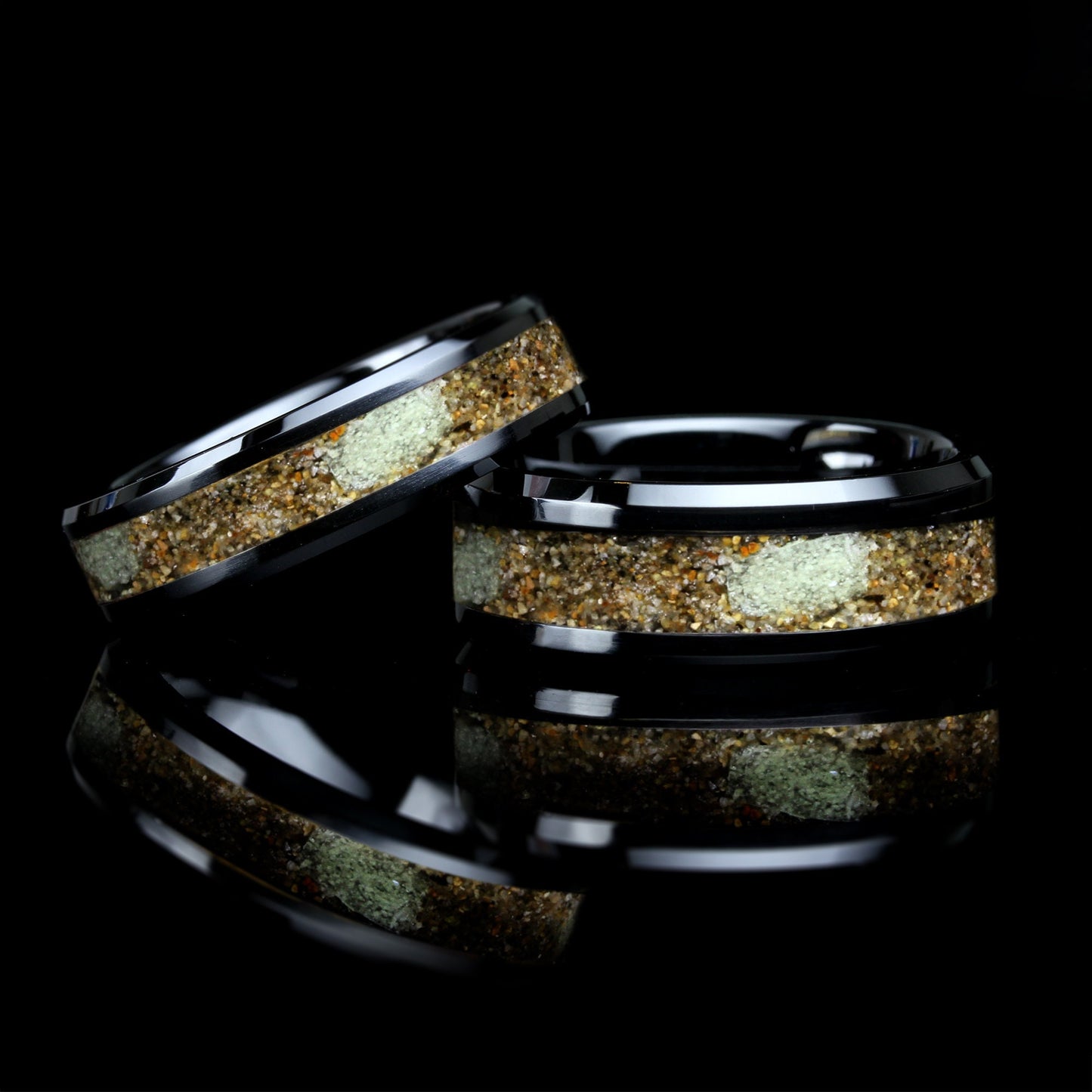 His Or Hers Your Sand Glow Stone Inlay Black Ceramic Wedding Band, 8mm/6mm Engagement Ring Own Beach Sand, Honeymoon Gift, Anniversary Gift