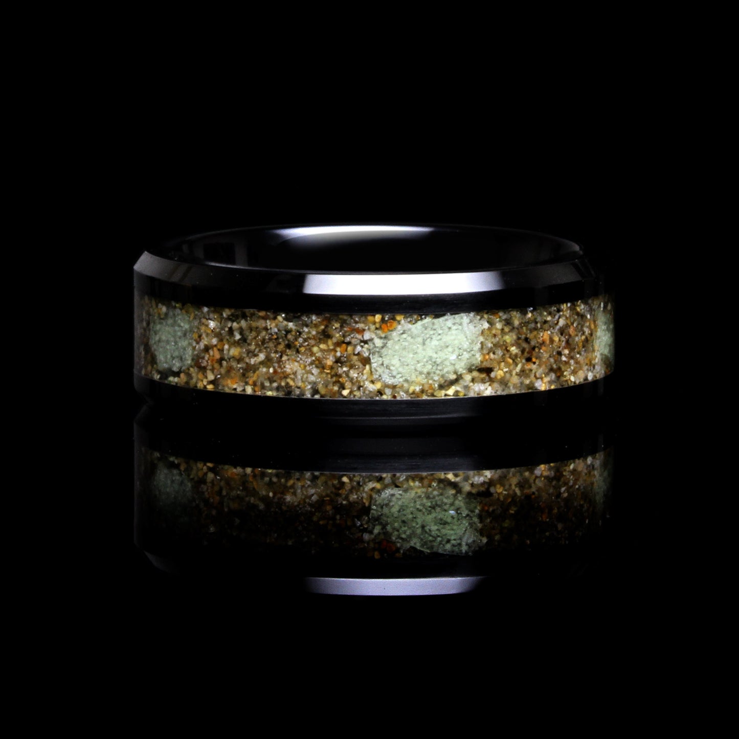 His Or Hers Your Sand Glow Stone Inlay Black Ceramic Wedding Band, 8mm/6mm Engagement Ring Own Beach Sand, Honeymoon Gift, Anniversary Gift