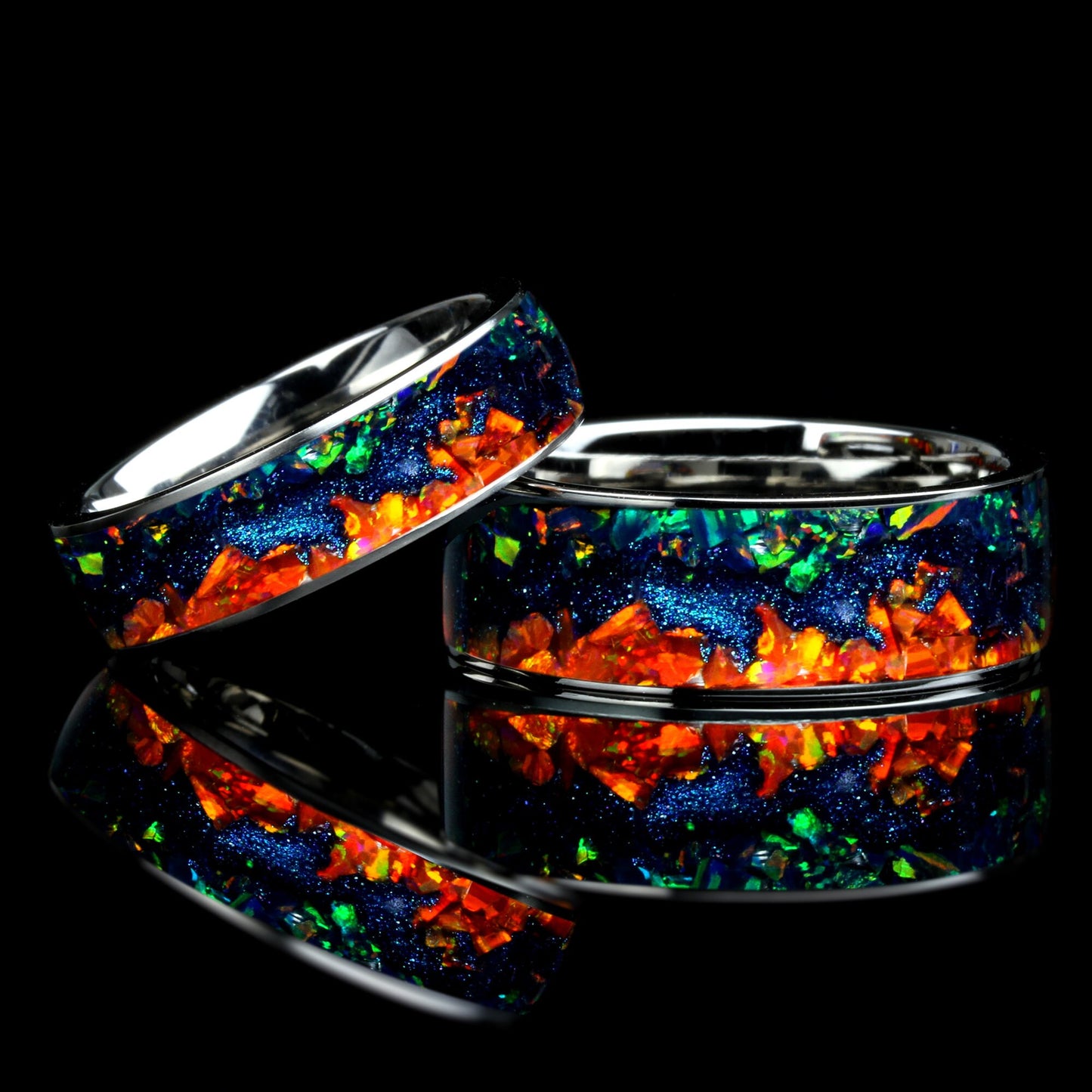 Carina Nebula Galaxy Ring, His Or Hers Fire Opal Wedding Band Set 8mm/6mm, Orange Opal Emerald Opal Night Sky Starry Opal Ring, Cosmic Ring