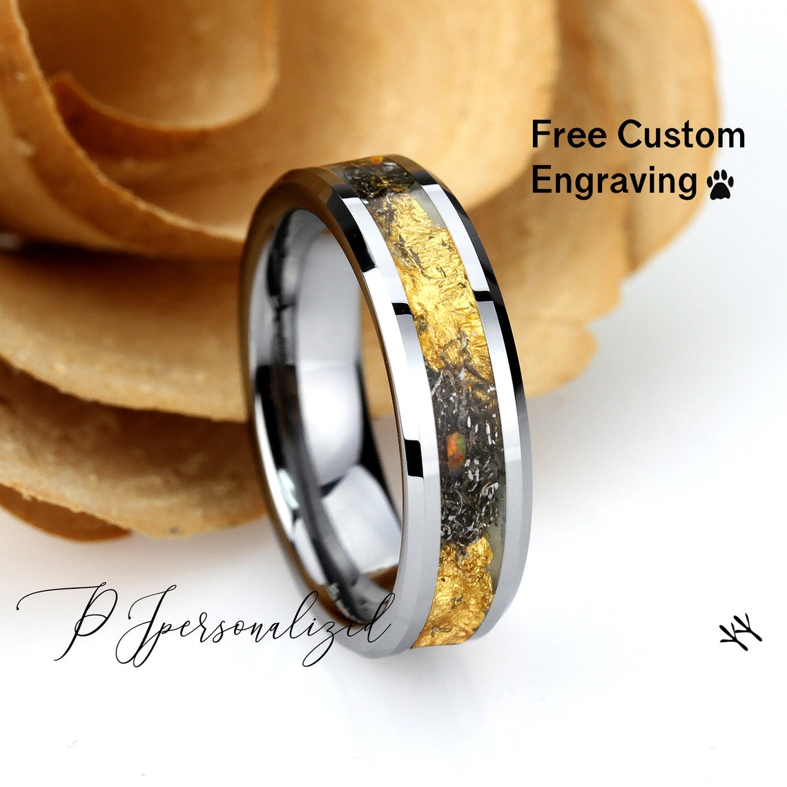 24K Pure Gold Leaf Ring, Natural Meteorite Ring, Glow Ring, Fire Opal Ring, 8mm/6mm Tungsten Wedding Band Set Men & Women, Promise Gift