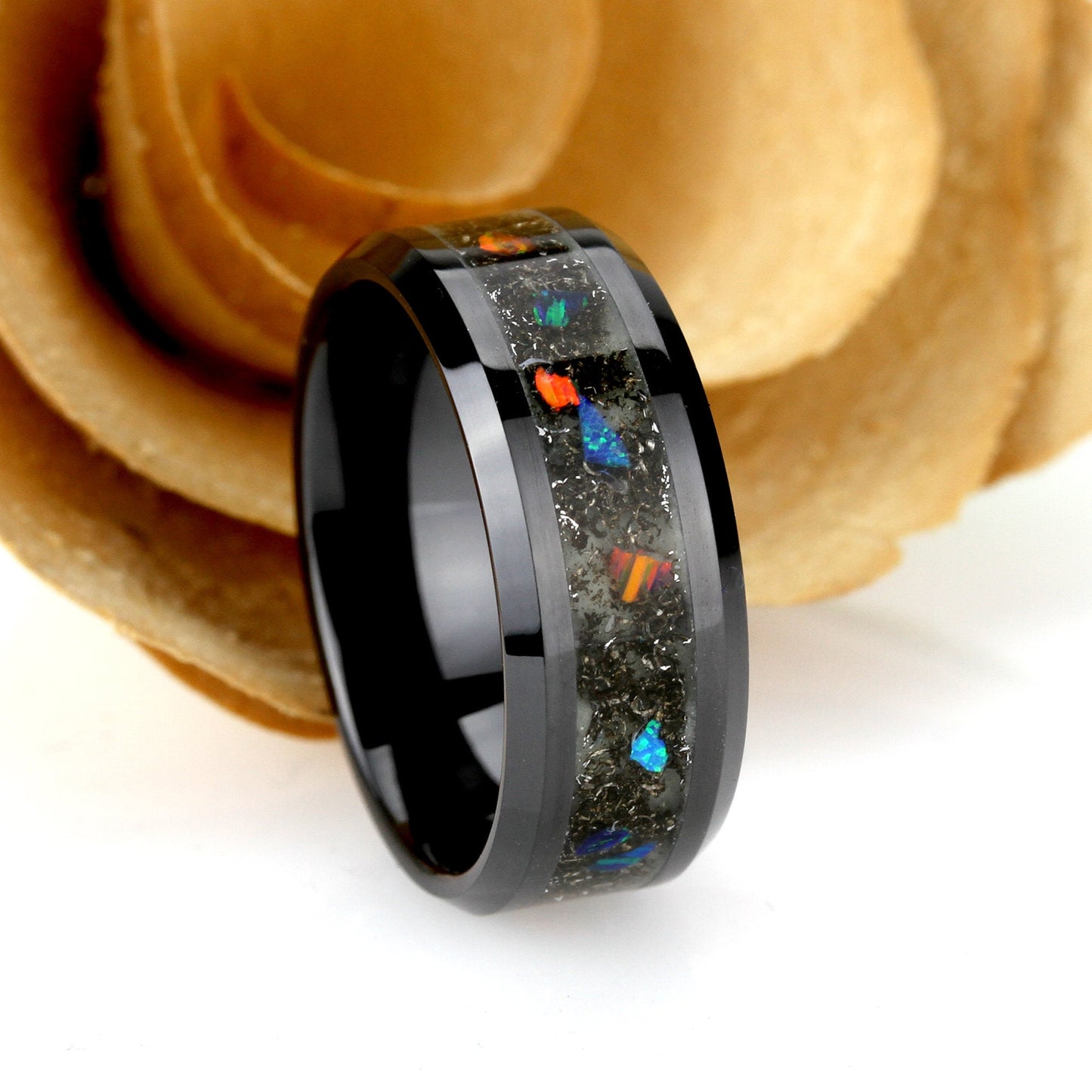 Fire Opal Meteorite Inlay 8mm Tungsten/Black Ceramic Wedding Band Men & Women, Glow In The Dark Wedding Band For Men Women, Promise Gift