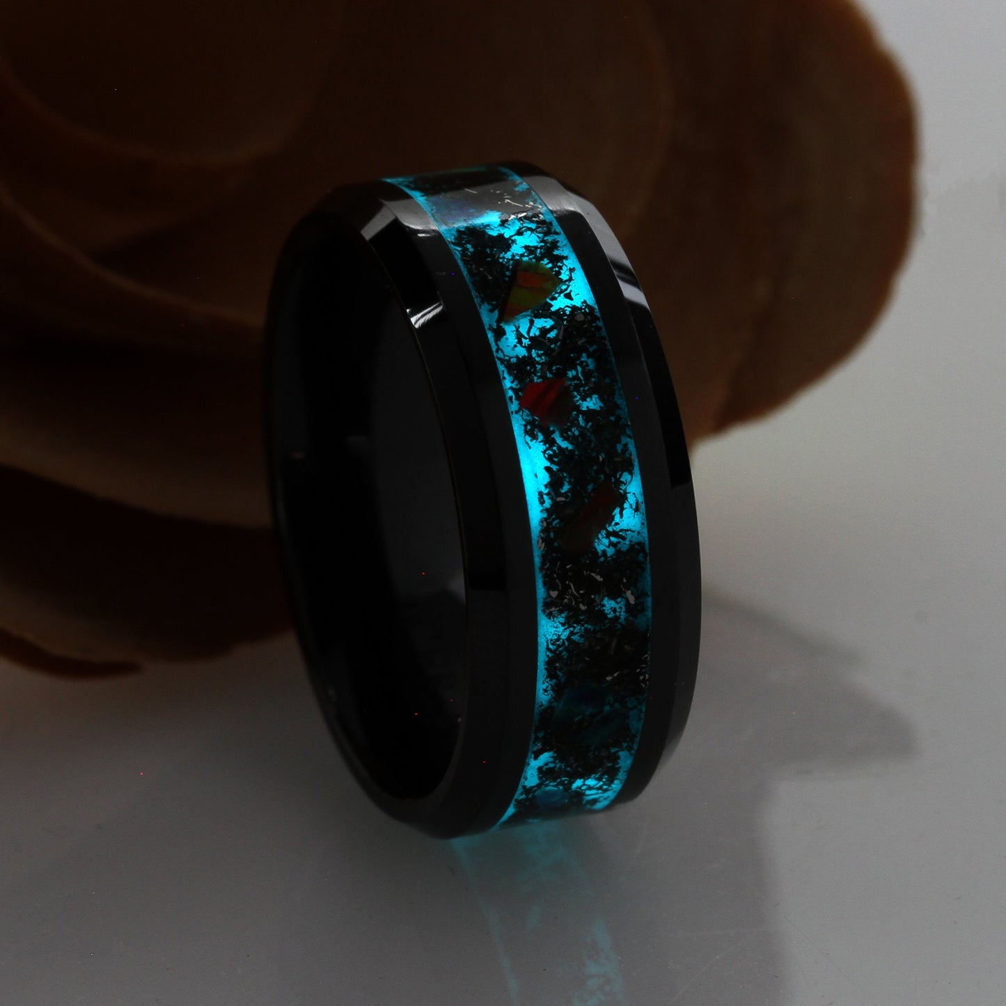 Fire Opal Meteorite Inlay 8mm Tungsten/Black Ceramic Wedding Band Men & Women, Glow In The Dark Wedding Band For Men Women, Promise Gift