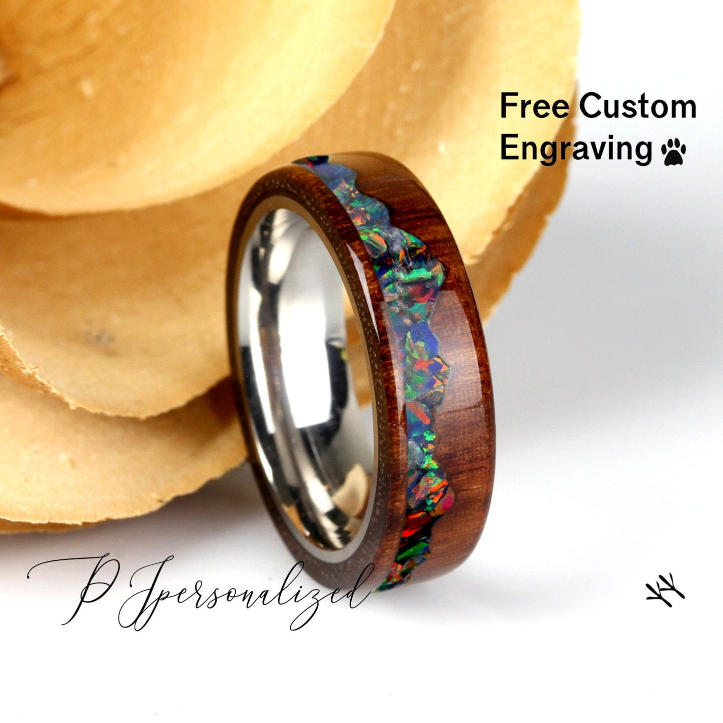 Fire Opal Wedding Band Set His And Hers, Black Opal Inlay, Mountain Pattern Natural Solid Wood Ring, His And Hers Wedding Ring Set