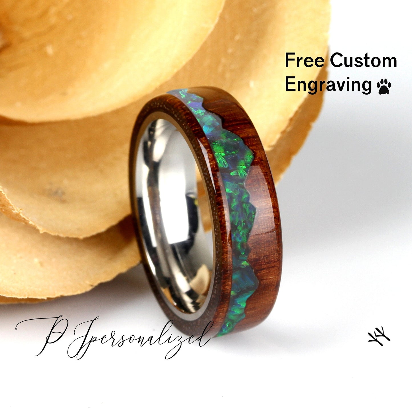 Fire Opal Wood Wedding Band Set His And Hers, Emerald Green Opal Inlay, Mountain Pattern Natural Solid Wood Ring, Anniversary Ring Set