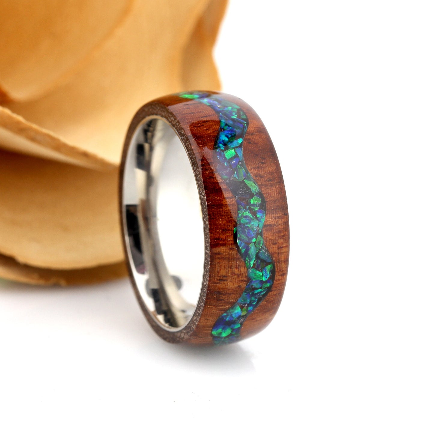 Fire Opal Wood Wedding Band Set His And Hers, Emerald Green Opal Inlay, River Pattern Natural Solid Wood Ring, Anniversary Ring Set