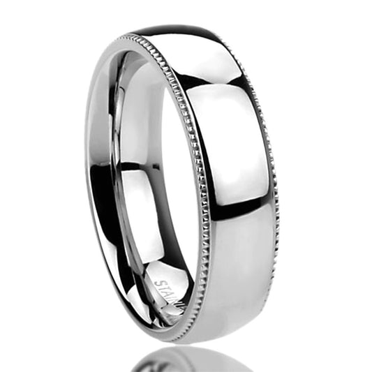 Stainless Steel Wedding Band Men Women, 6mm Milgrain Edges Domed Classy, Stainless steel Promise Ring Men Women, Stainless Steel Band Ring