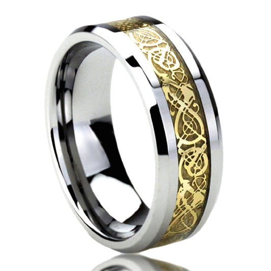 Stainless Steel Wedding Band Men Women, 8mm Yellow Tone Inlay Celtic Dragon, Stainless steel Promise Ring Men Women, Stainless Steel Band