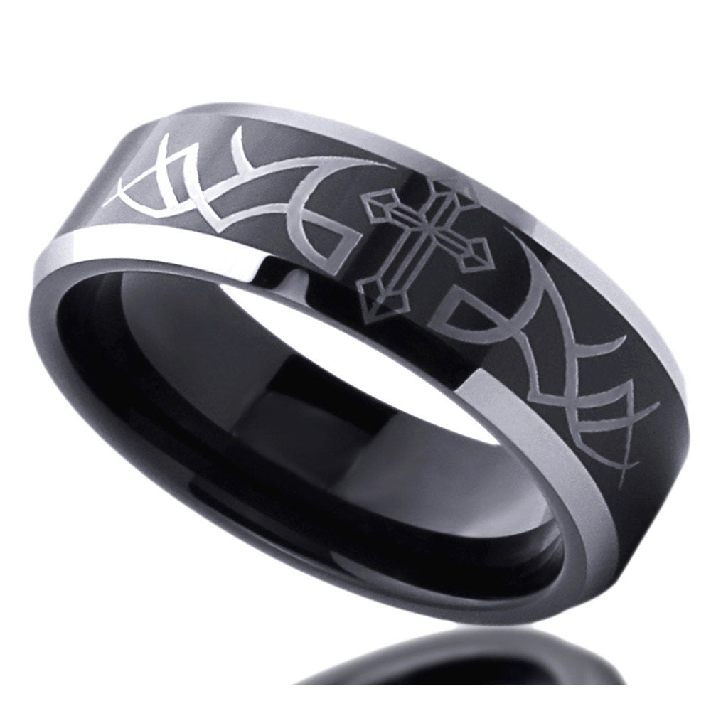 Stainless Steel Wedding Band Men Women, 6mm Thorn With Cross Beveled Edges, Black Stainless Steel Ring, Stainless Steel Band
