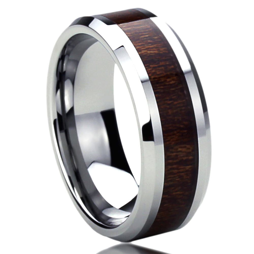 Titanium Wedding Band Men Women, 8mm Hawaiian Koa Wood Inlay Beveled Edges, Titanium Promise Ring Men Women