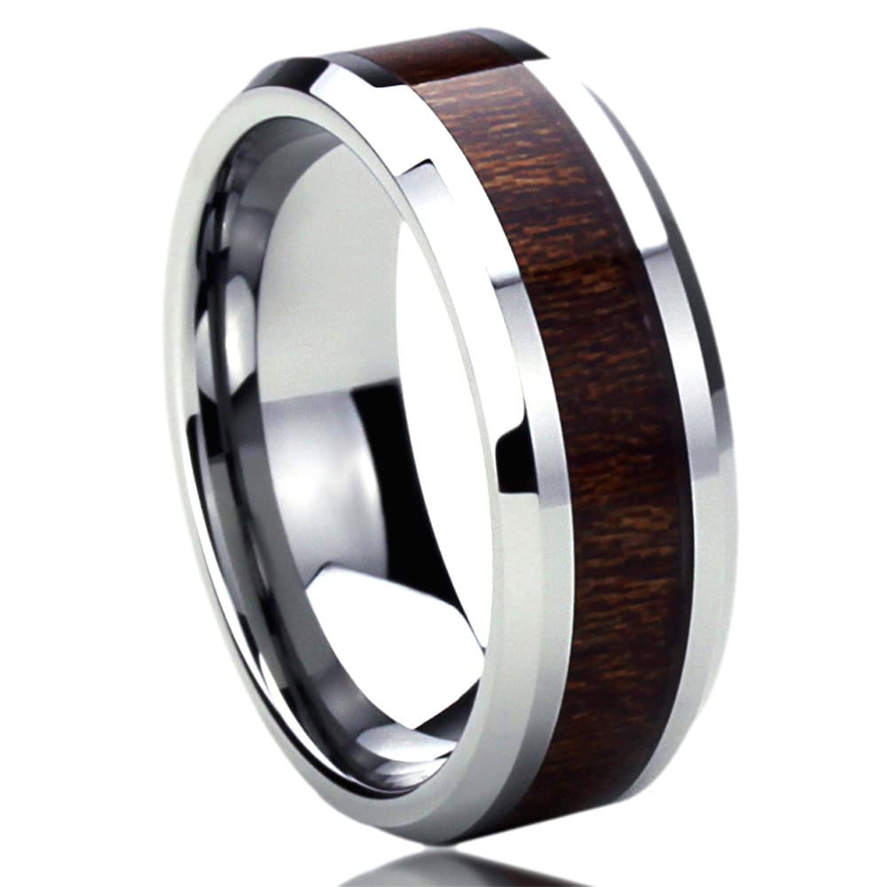 Stainless Steel Wedding Band Men Women, 8mm Hawaiian Koa Wood Inlay, Stainless steel Promise Ring Men Women, Stainless Steel Band Ring
