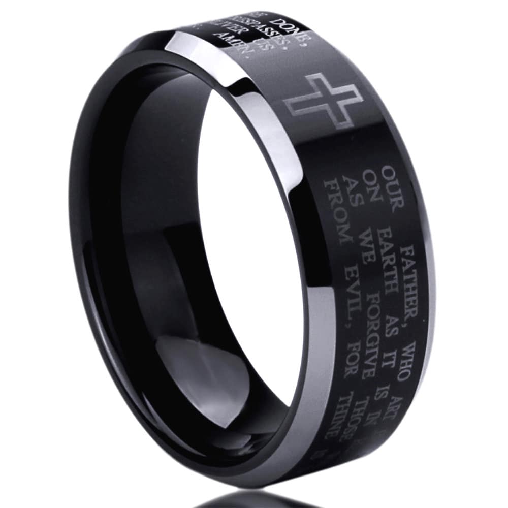 Stainless Steel Wedding Band Men Women, 8mm Lord's Prayer with Cross Praying, Stainless steel Promise Ring Men Women, Stainless Steel Band