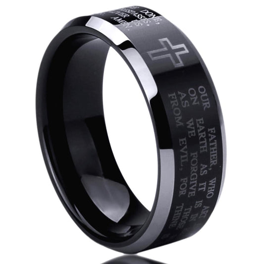 Stainless Steel Wedding Band Men Women, 8mm Lord's Prayer with Cross Praying, Stainless steel Promise Ring Men Women, Stainless Steel Band