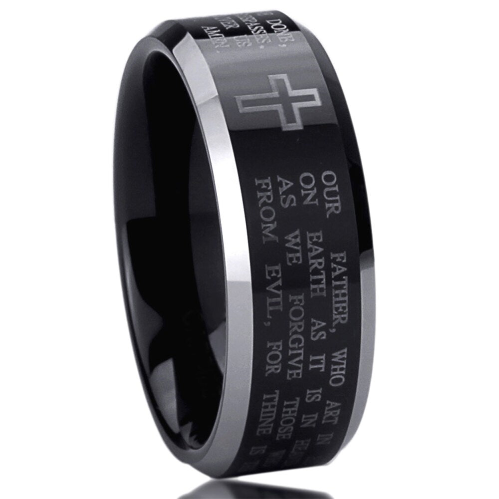 Stainless Steel Wedding Band Men Women, 8mm Lord's Prayer with Cross Praying, Stainless steel Promise Ring Men Women, Stainless Steel Band