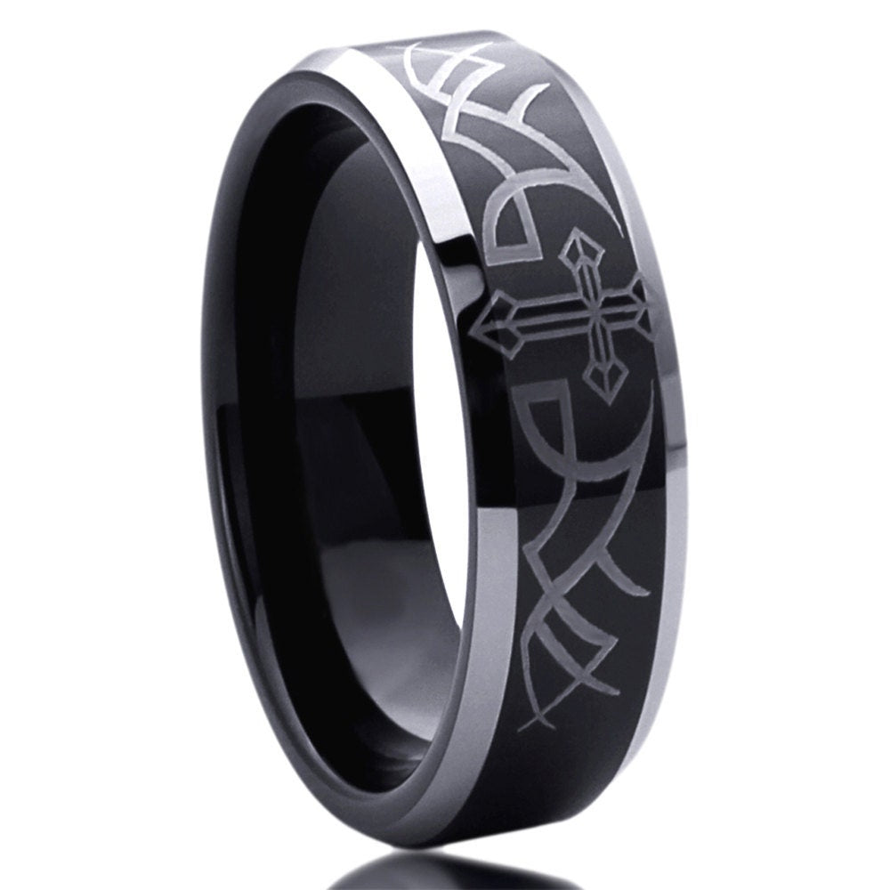 Stainless Steel Wedding Band Men Women, 6mm Thorn With Cross Beveled Edges, Black Stainless Steel Ring, Stainless Steel Band