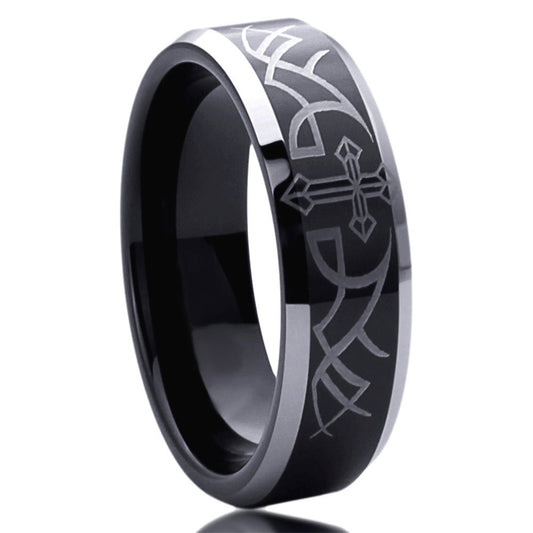 Stainless Steel Wedding Band Men Women, 6mm Thorn With Cross Beveled Edges, Black Stainless Steel Ring, Stainless Steel Band