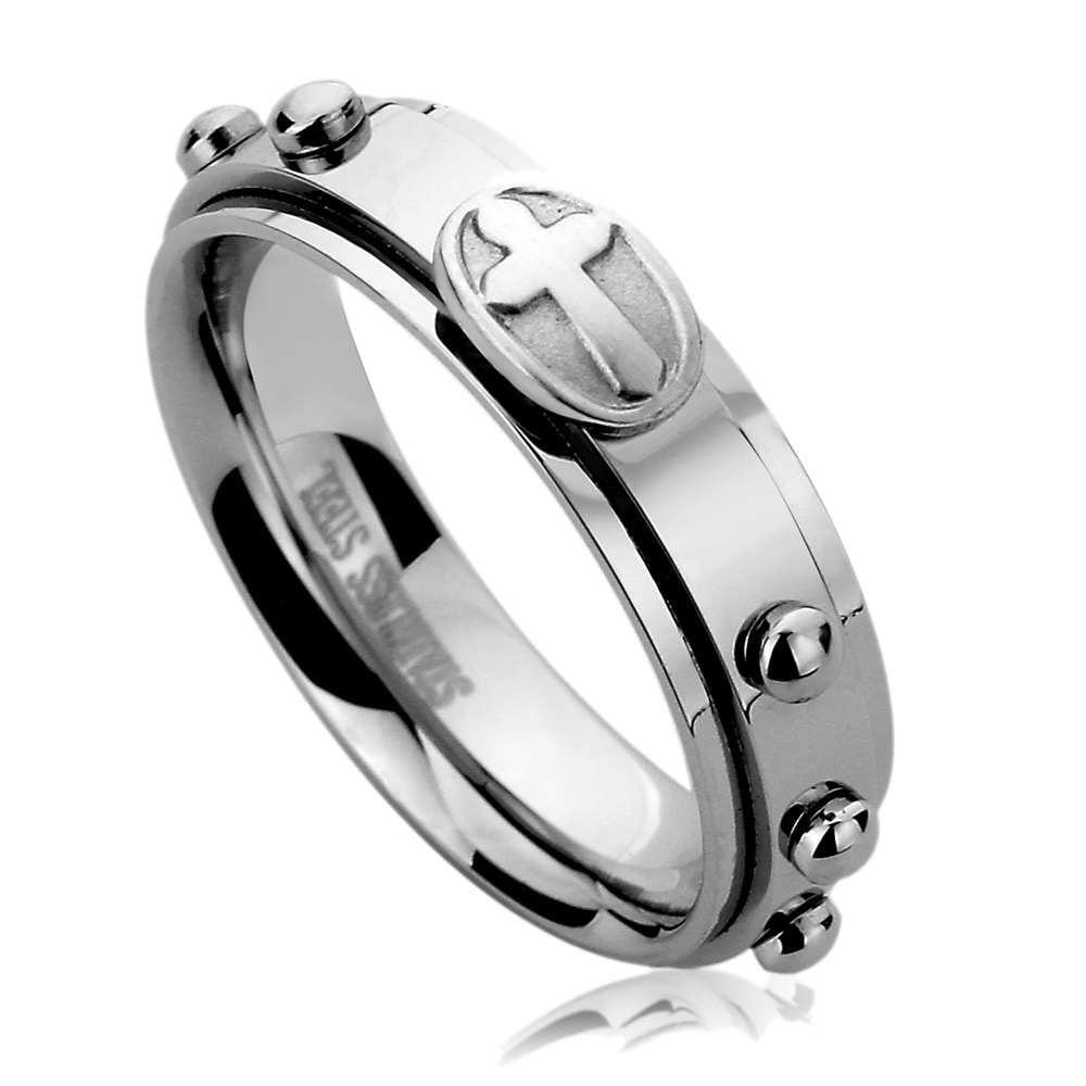 Anxiety Healing Spinner Ring, Stainless Steel Wedding Band Men Women, 6mm Cross Rosary Ring, Stainless steel Promise Ring Men Women