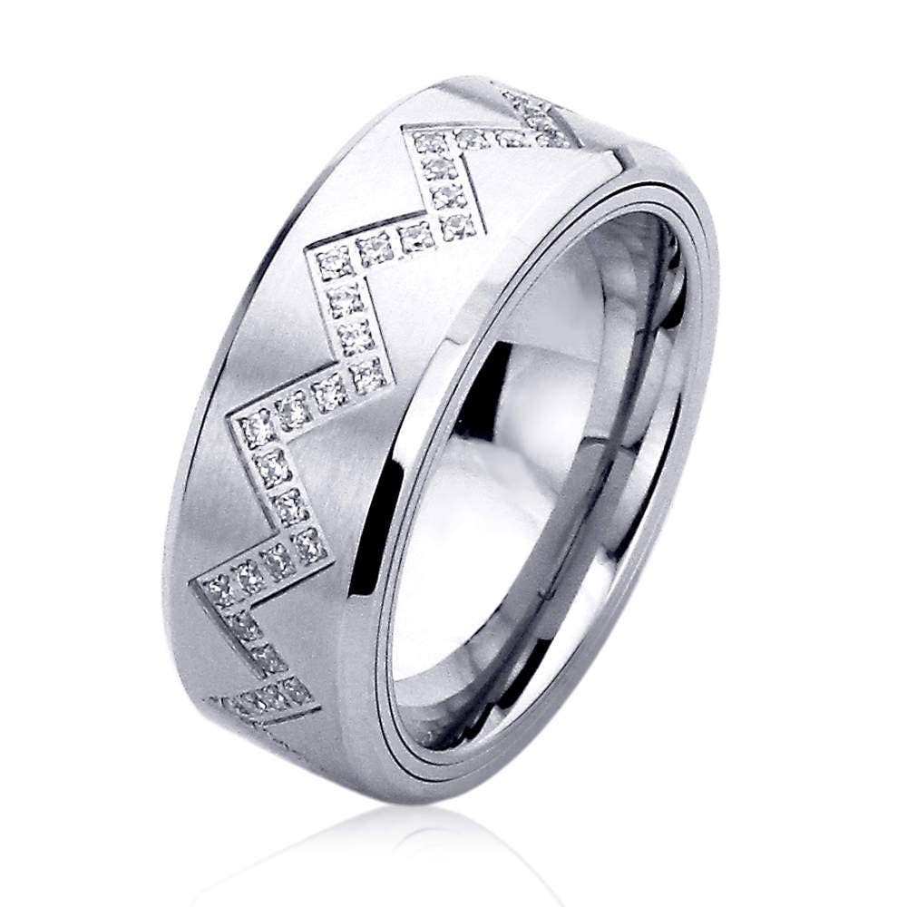 Stainless Steel Wedding Band Men Women, 8mm, CZ Zigzag Pattern Spinner Ring, Stainless Steel Promise Ring, Stainless Steel Band Ring