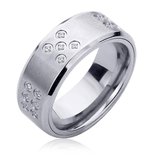 Stainless Steel Wedding Band Men Women, 8mm CZ Dice Pattern Spinner, Stainless steel Promise Ring Men Women, Stainless Steel Band Ring