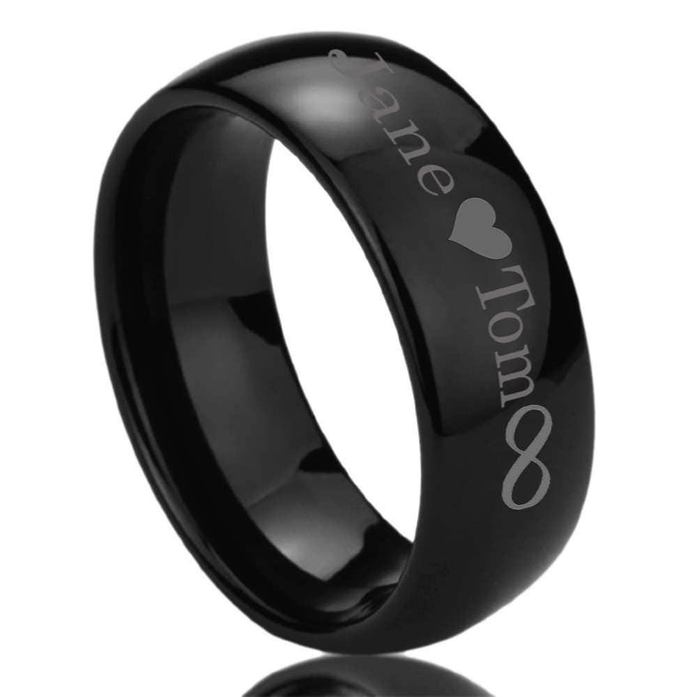 Personalized Outside Inside Custom Engraving Stainless Steel Wedding Band Promise Ring 8MM Black Polisheded Ring, Personalized Ring