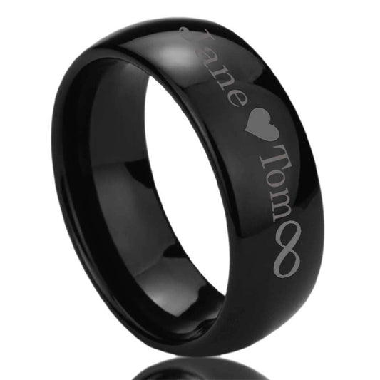 Personalized Outside Inside Custom Engraving Stainless Steel Wedding Band Promise Ring 8MM Black Polisheded Ring, Personalized Ring
