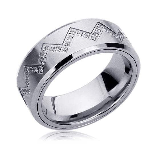 Stainless Steel Wedding Band Men Women, 8mm, CZ Zigzag Pattern Spinner Ring, Stainless Steel Promise Ring, Stainless Steel Band Ring