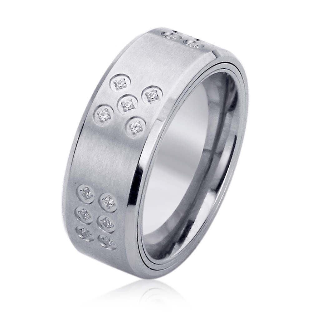 Stainless Steel Wedding Band Men Women, 8mm CZ Dice Pattern Spinner, Stainless steel Promise Ring Men Women, Stainless Steel Band Ring