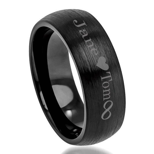 Men's Women's Tungsten Wedding Band Promise Ring Personalized Outside Inside Custom Engraving 8mm Domed Black Ring, Personalized Ring