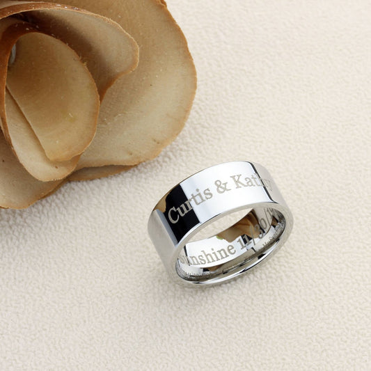 Men's Women's Tungsten Wedding Band Promise Ring Personalized Outside Inside Custom Engraving 9mm Flat Shiny, Personalized Ring