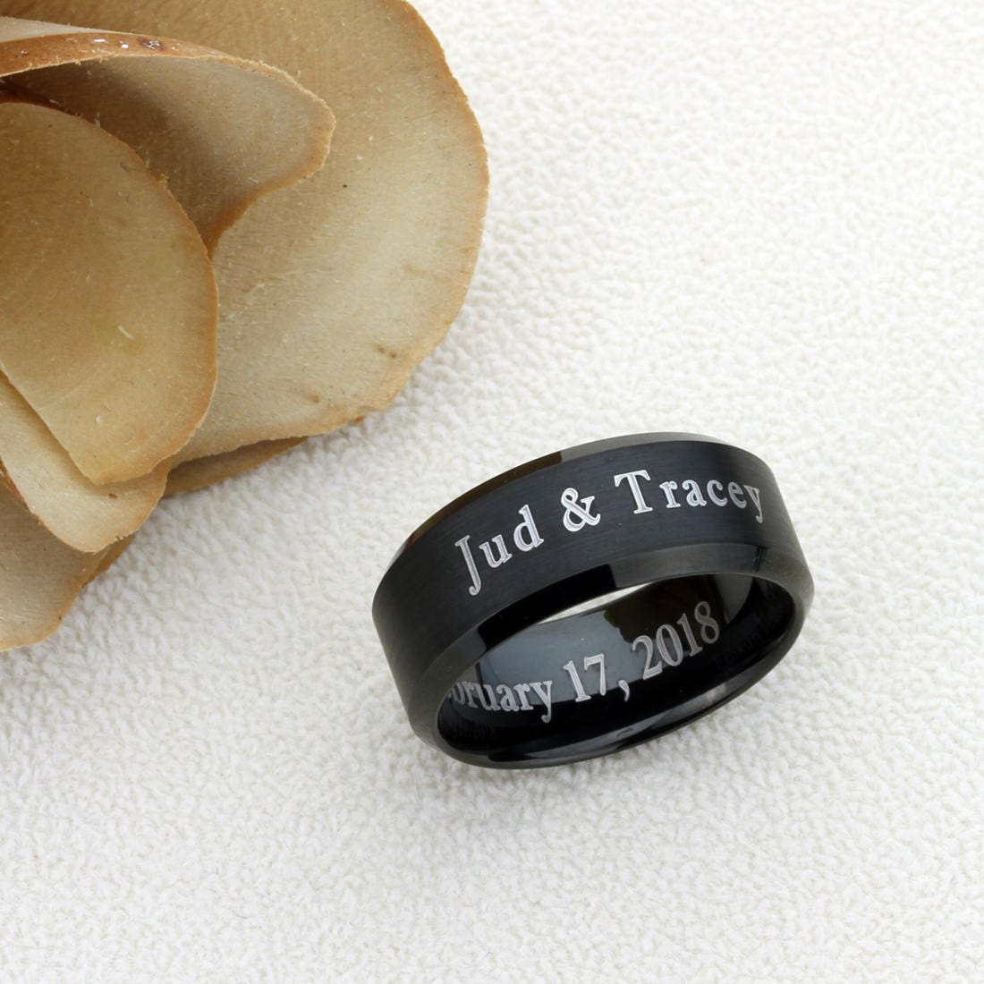 Men's Women's Tungsten Wedding Band Promise Ring Personalized Outside Inside Custom Engraving 10mm Matte Center Beveled Black Ring