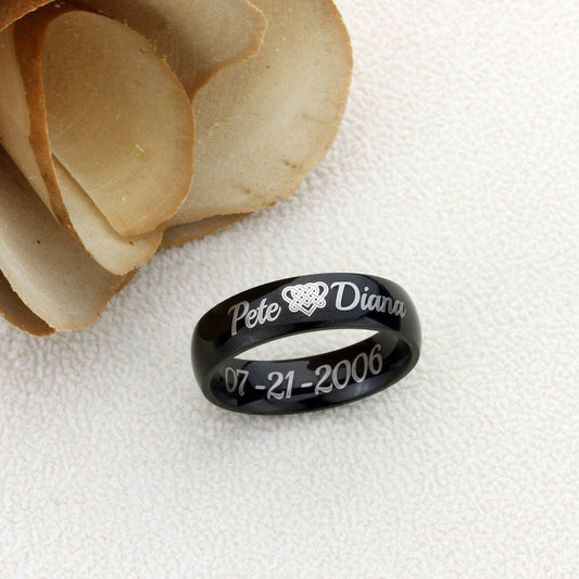 Personalized Outside Inside Custom Engraving Stainless Steel Wedding Band Promise Ring 6MM Black Polisheded Ring, Personalized Ring