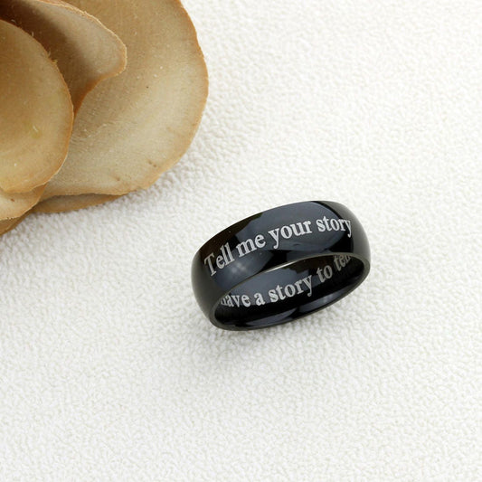 Personalized Outside Inside Custom Engraving Stainless Steel Wedding Band Promise Ring 8MM Black Polisheded Ring, Personalized Ring