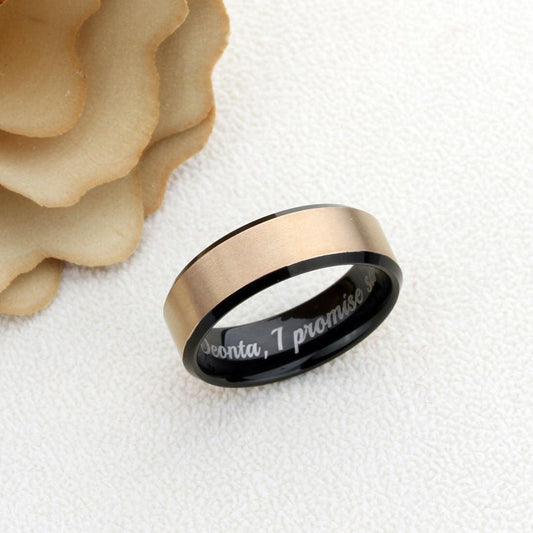 Men's Women's Tungsten Wedding Band Promise Ring Personalized Outside Inside Engraving 8mm Matte Rose Gold Color Center Beveled Black Ring