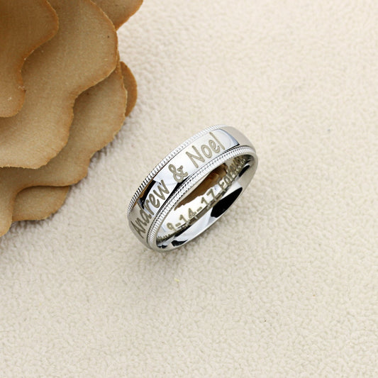 Men's Women's Personalized Outside Inside Custom Engraving Stainless Steel Wedding Band 6MM Milgrain Edges Ring, Personalized Ring