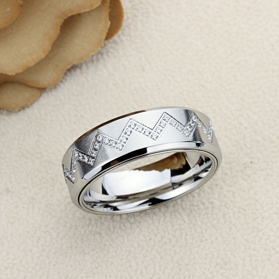Stainless Steel Wedding Band Men Women, 8mm, CZ Zigzag Pattern Spinner Ring, Stainless Steel Promise Ring, Stainless Steel Band Ring