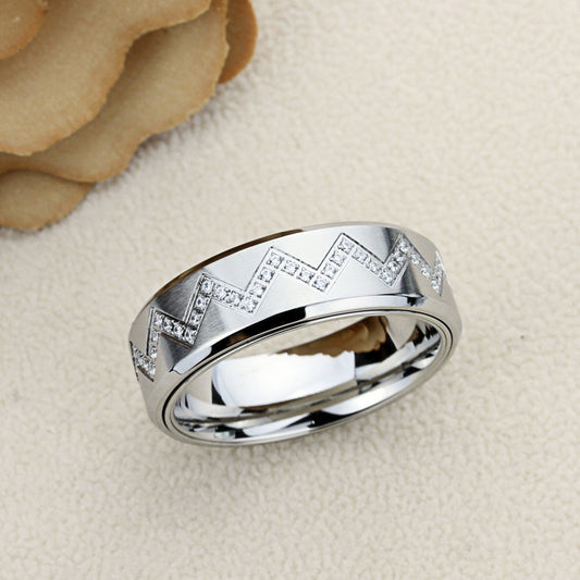 Stainless Steel Wedding Band Men Women, 8mm, CZ Zigzag Pattern Spinner Ring, Stainless Steel Promise Ring, Stainless Steel Band Ring