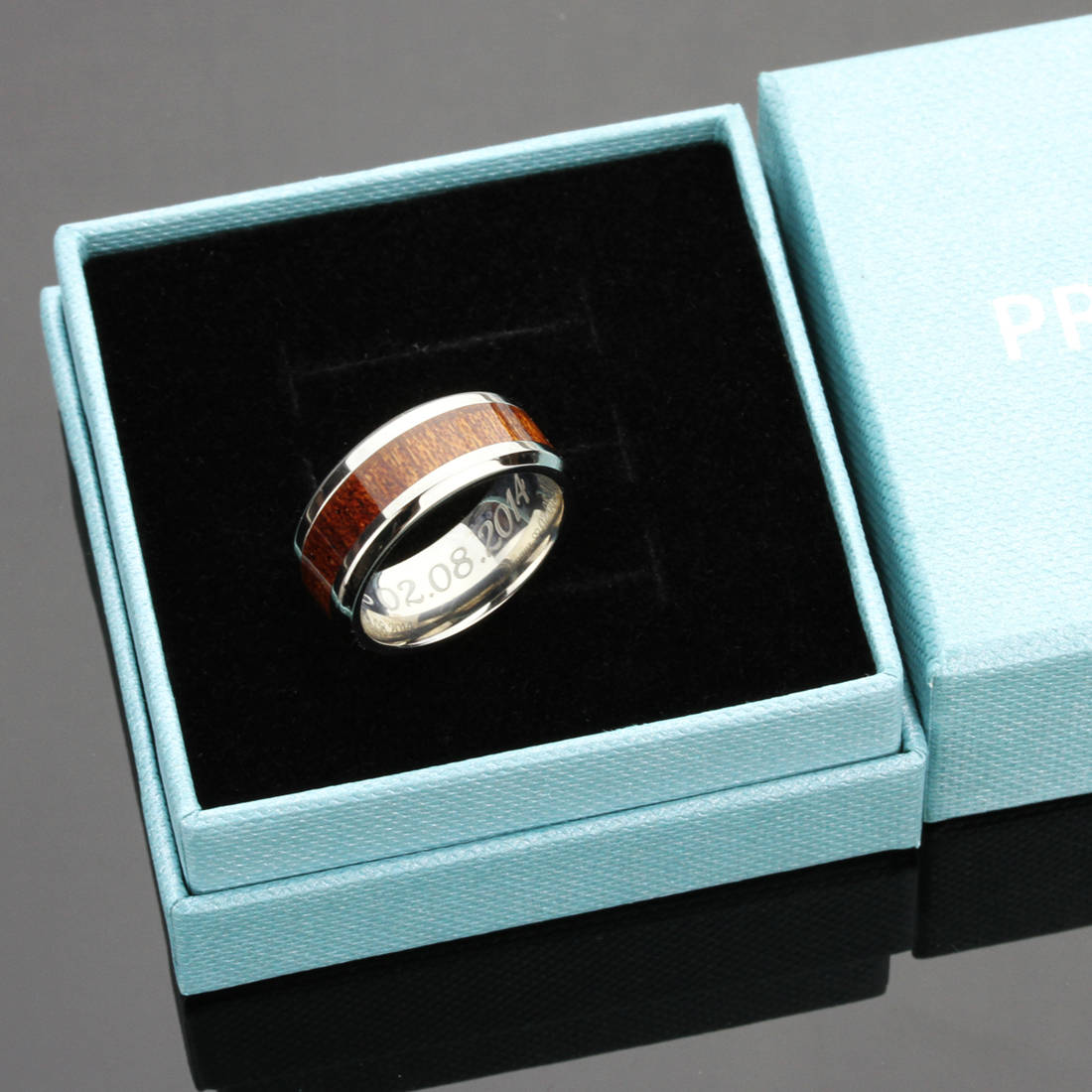 Titanium Wedding Band Men Women, 8mm Hawaiian Koa Wood Inlay Beveled Edges, Titanium Promise Ring Men Women