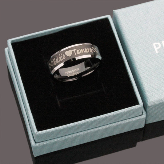 Men's Women's Tungsten Wedding Band Personalized Outside Inside Custom Engraving 8MM Tungsten Wedding Band Flat Top Black Two Tone Ring