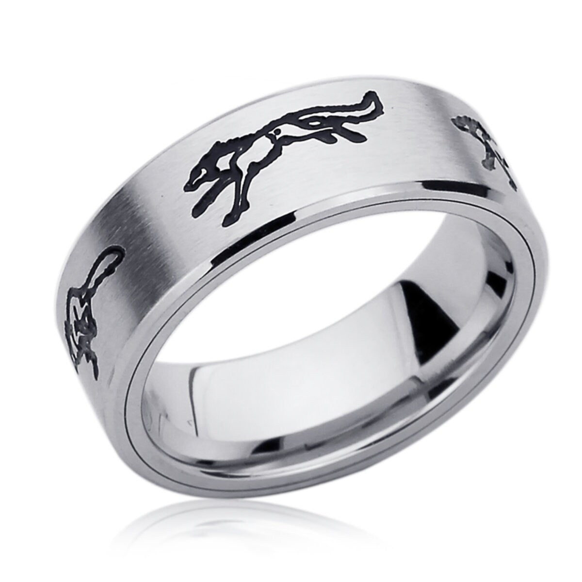 Stainless Steel Wedding Band Men Women, Running Wolf Band, Stainless steel Promise Ring Men Women, Stainless Steel Band Ring