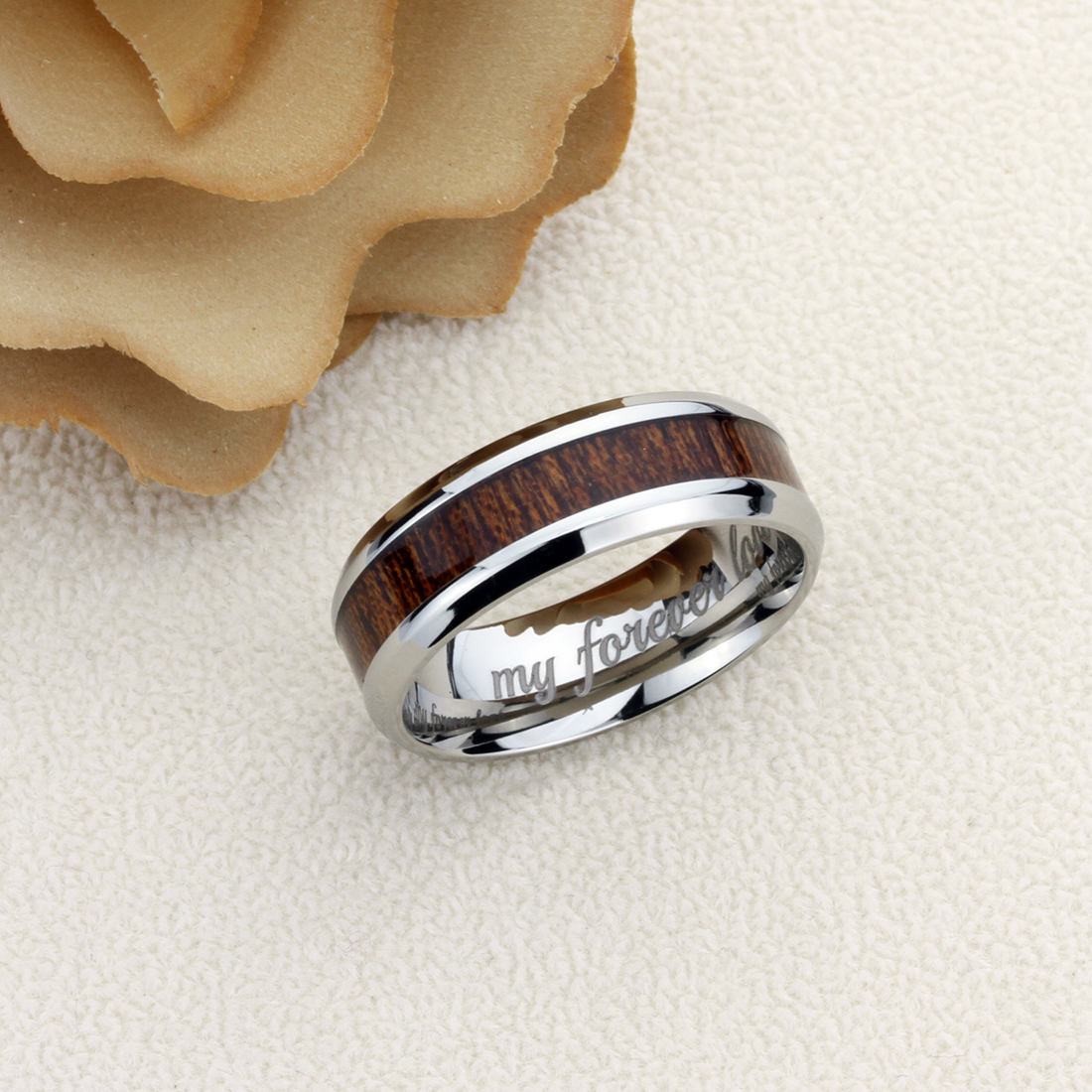 Titanium Wedding Band Men Women, 8mm Hawaiian Koa Wood Inlay Beveled Edges, Titanium Promise Ring Men Women
