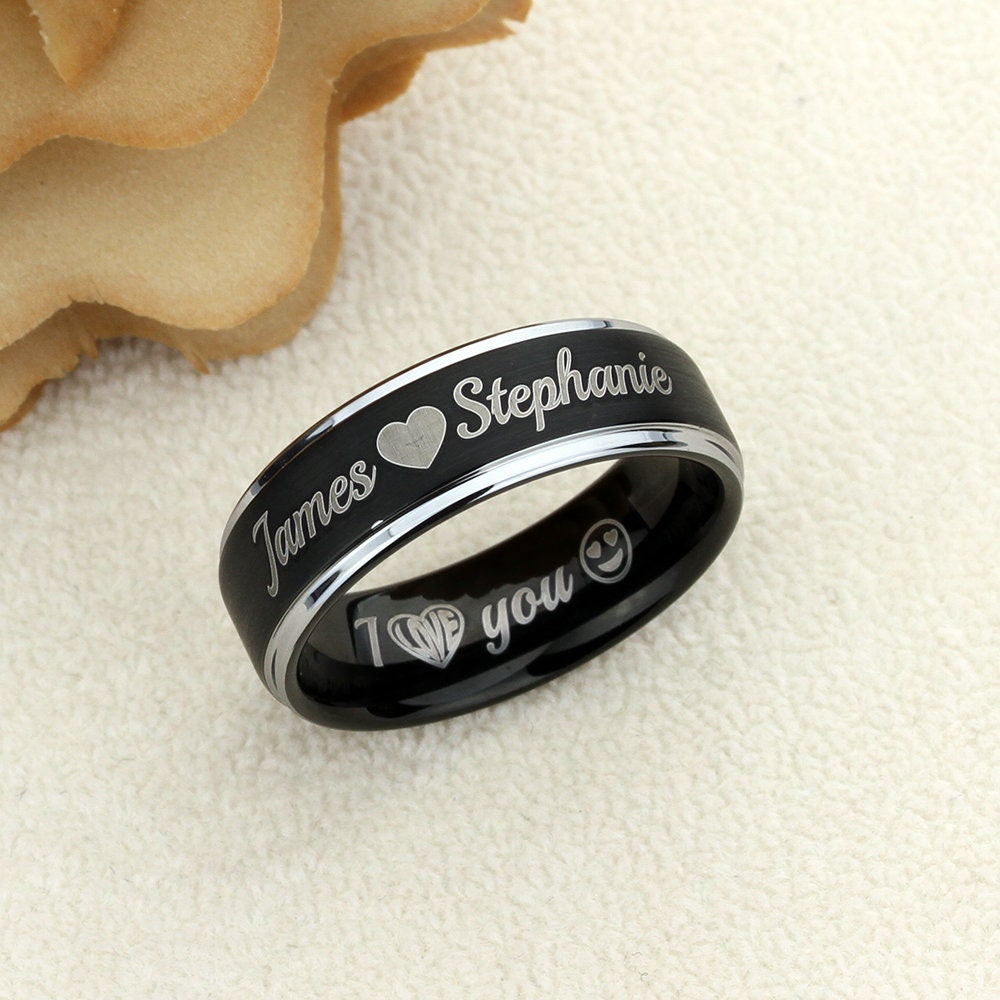 Men's Women's Tungsten Wedding Band Promise Ring Personalized Outside Inside Custom Engraving 8mm Matte Center Black Ring, Memorial Gift