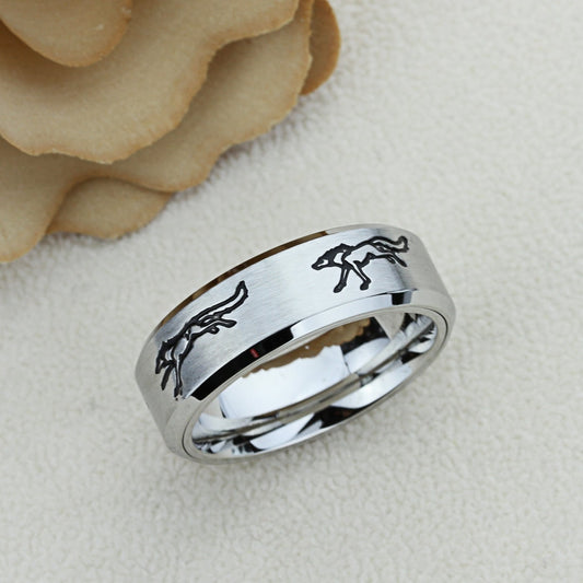 Stainless Steel Wedding Band Men Women, Running Wolf Band, Stainless steel Promise Ring Men Women, Stainless Steel Band Ring