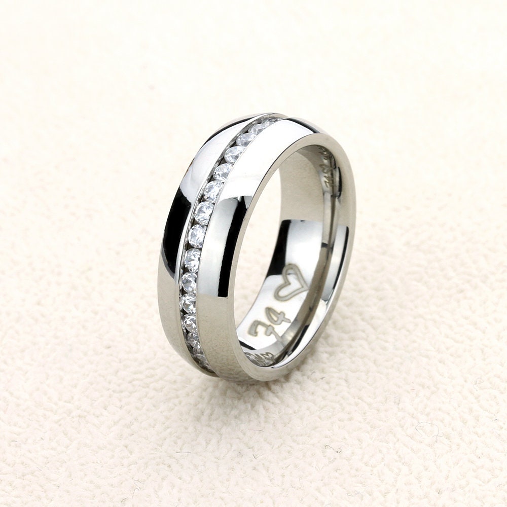 Stainless Steel Wedding Band Men Women, 7mm CZ Eternity Band, Stainless steel Promise Ring Men Women, Stainless Steel Band Ring