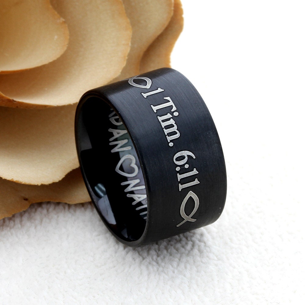 Men's Women's Tungsten Wedding Band Promise Ring Personalized Outside Inside Custom Engraving 12mm Flat Wide Bulky Black Ring, Memorial Gift