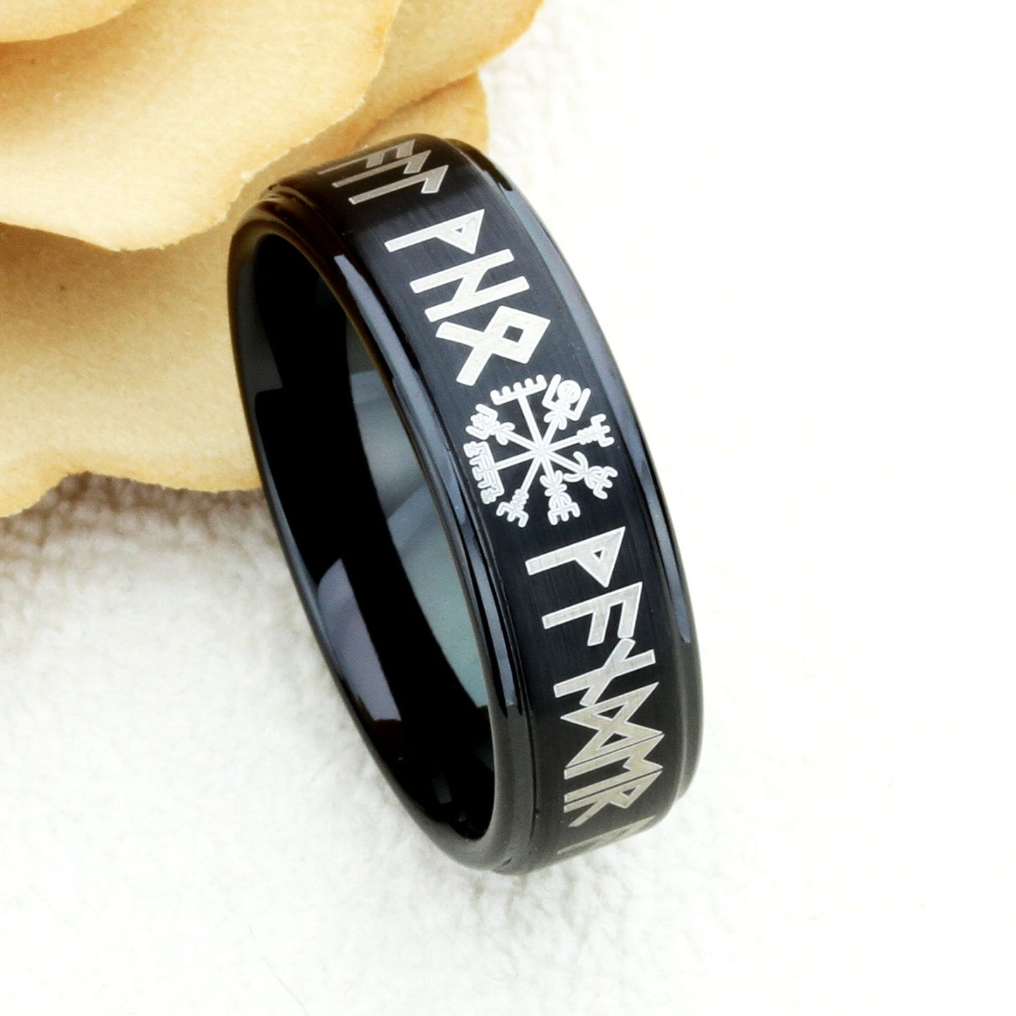 8mm Tungsten Wedding Band Tungsten Promise Ring Viking Futhark Runes With Vegvisir Viking Guidance Compass Symbol Personalized Custom Ring