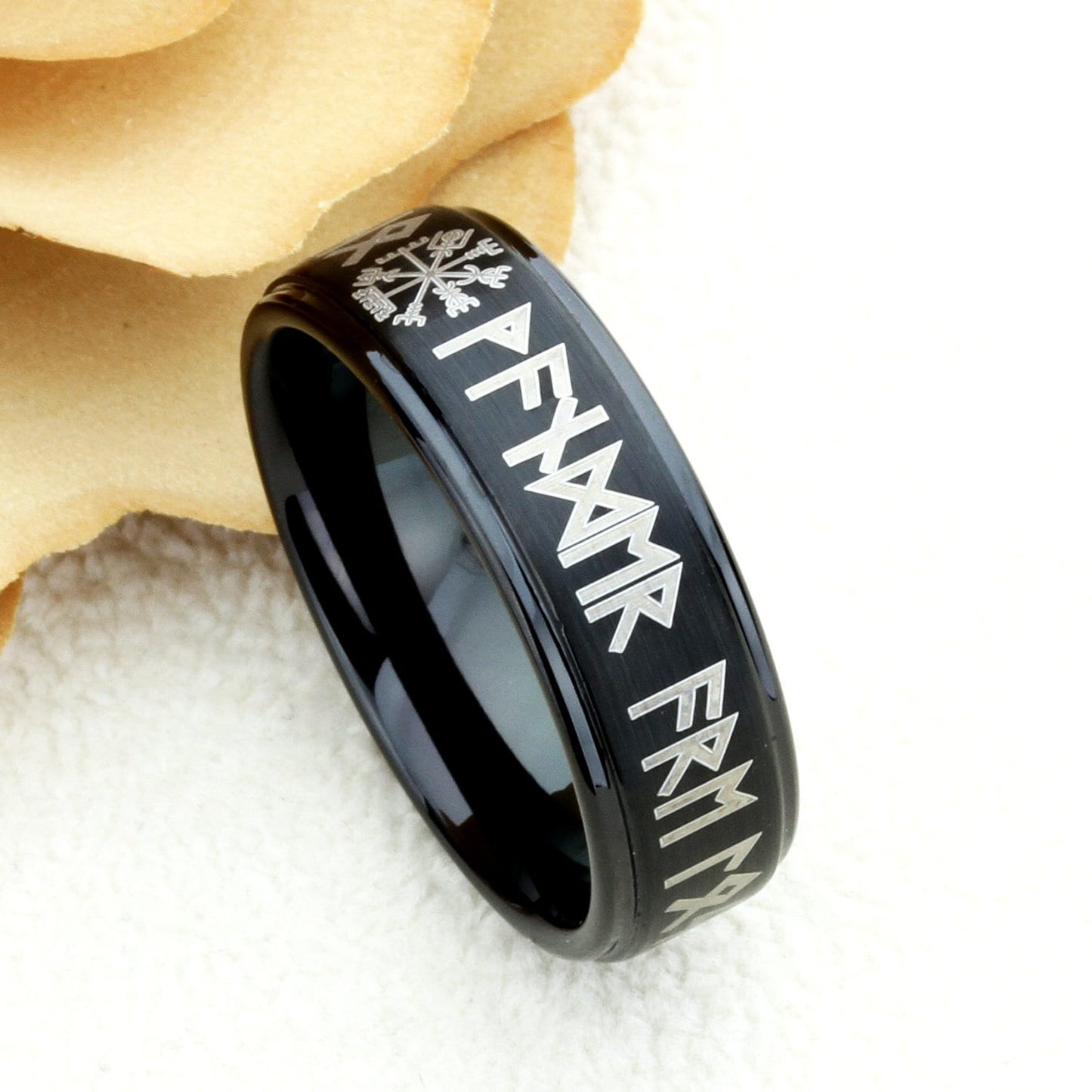 8mm Tungsten Wedding Band Tungsten Promise Ring Viking Futhark Runes With Vegvisir Viking Guidance Compass Symbol Personalized Custom Ring
