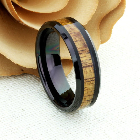 Black Tungsten Wedding Band, 6mm, 8mm, Black Koa Wood Inlay, Black Tungsten Carbide Ring, Promise Ring For Couple, Couple Gift