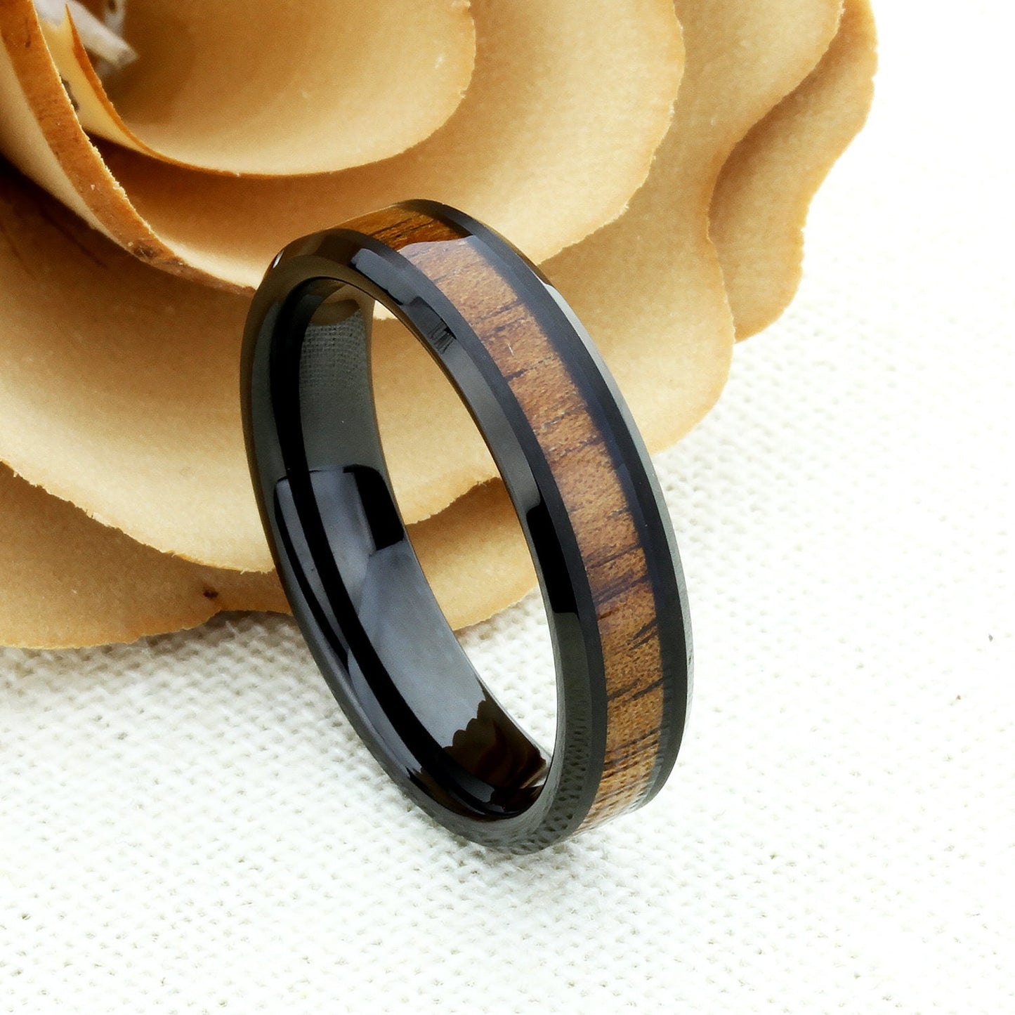 Black Tungsten Wedding Band, 6mm, 8mm, Black Koa Wood Inlay, Black Tungsten Carbide Ring, Promise Ring For Couple, Couple Gift