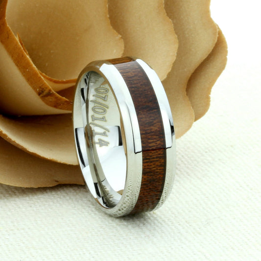 Stainless Steel Wedding Band Men Women, 8mm Hawaiian Koa Wood Inlay, Stainless steel Promise Ring Men Women, Stainless Steel Band Ring